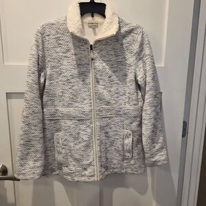 T by Talbots Womens Fleece Trim Quilted Jacquard Jacket Gray White Cozycore M